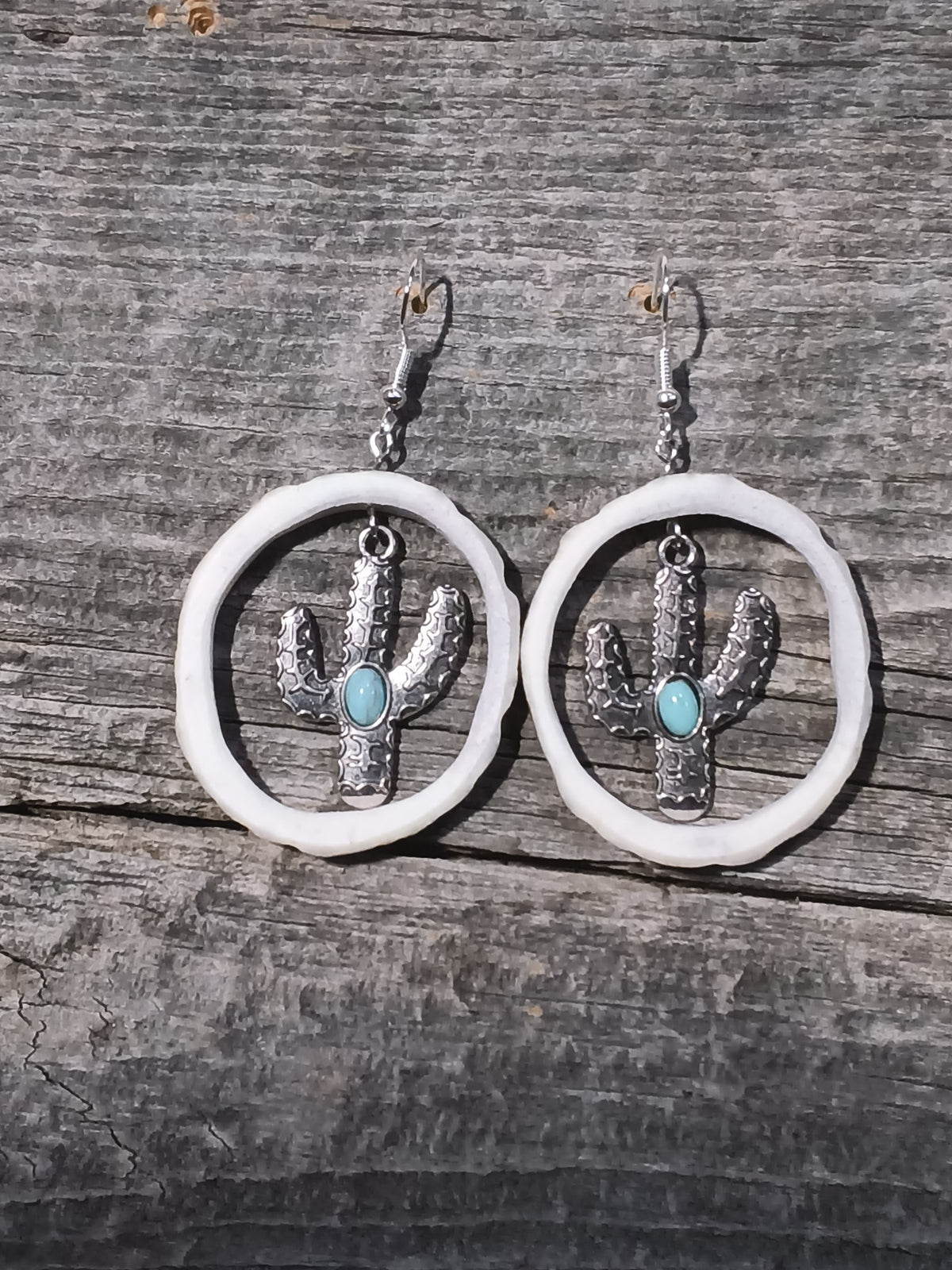 Silver Cactus Charm Earrings with sky blue accents
