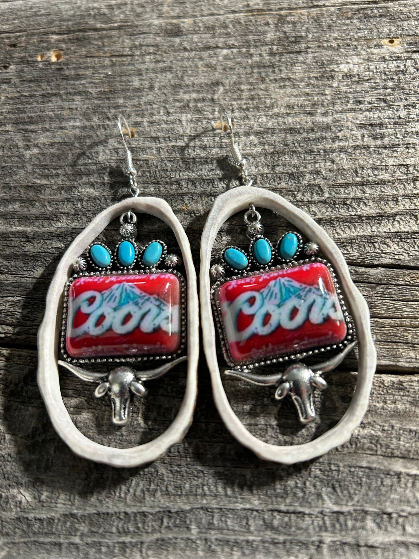 Steer Head, Turquoise & Coors- inspired earrings