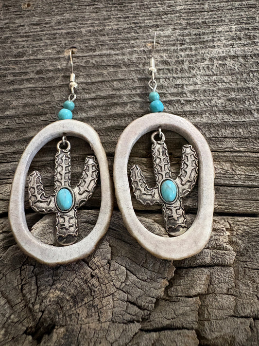 Silver Cactus Charm Earrings with Turquoise Accents