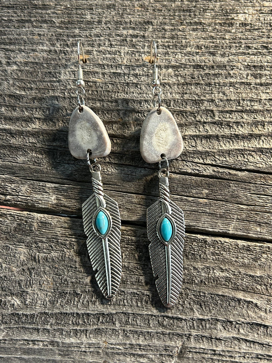 Metal Feather Antler Slice Dangle Earrings
